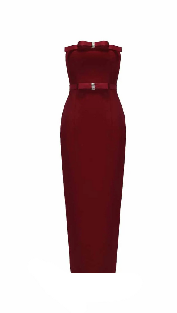 AIIZIE DEMI BOW STRAPLESS MIDI DRESS IN MERLOT - product image
