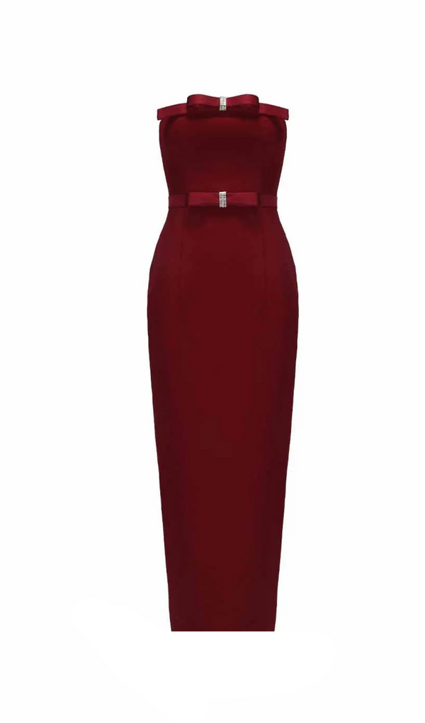 demi bow strapless midi dress in merlot