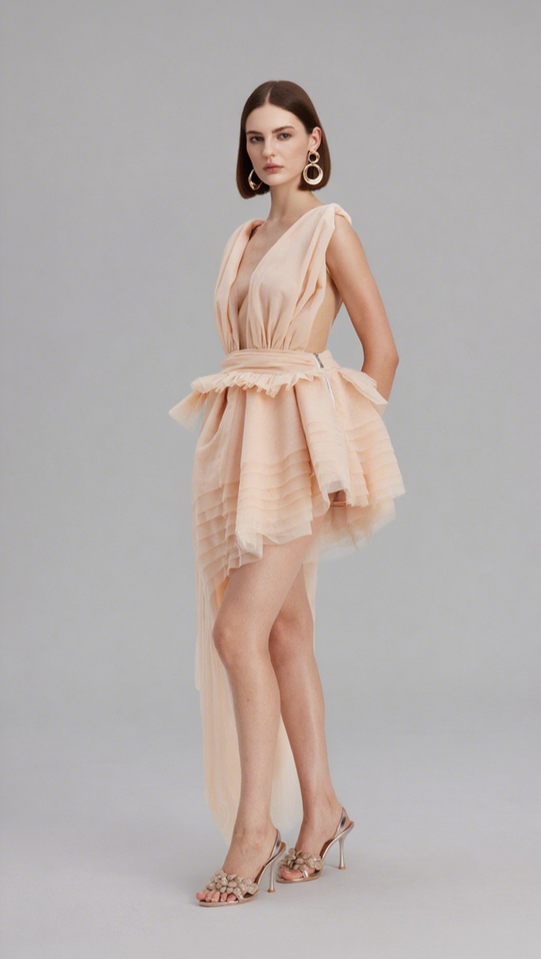 AIIZIE BOSMAT RUCH MESH ASYMMETRIC MINI DRESS IN APRICOT - product image