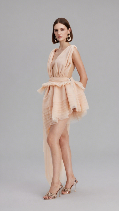 BOSMAT RUCH MESH ASYMMETRIC MINI DRESS IN APRICOT