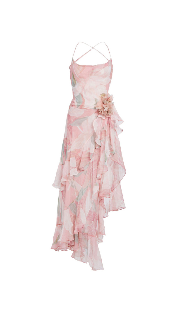 AIIZIE ZORA PINK FLORAL-PRINT RUFFLED SILK MIDI DRESS - product image