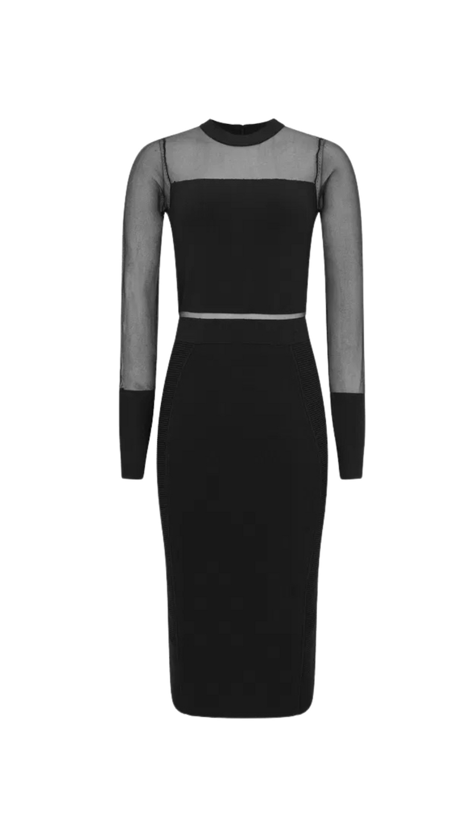 LYLA KNITTED SHEER SLEEVE MIDI DRESS IN BLACK