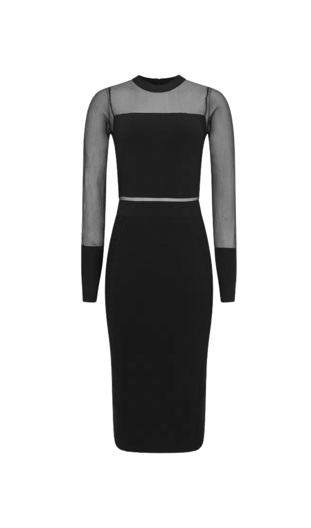 LYLA KNITTED SHEER SLEEVE MIDI DRESS IN BLACK