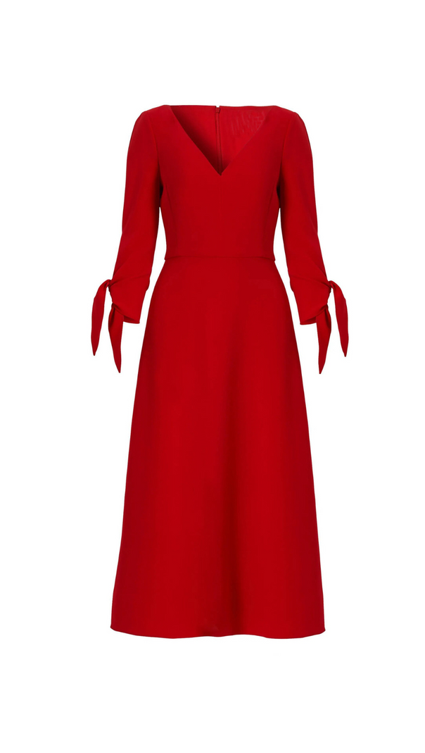 AIIZIE DENISE V-NECK LACE UP MIDI DRESS IN RED - product image