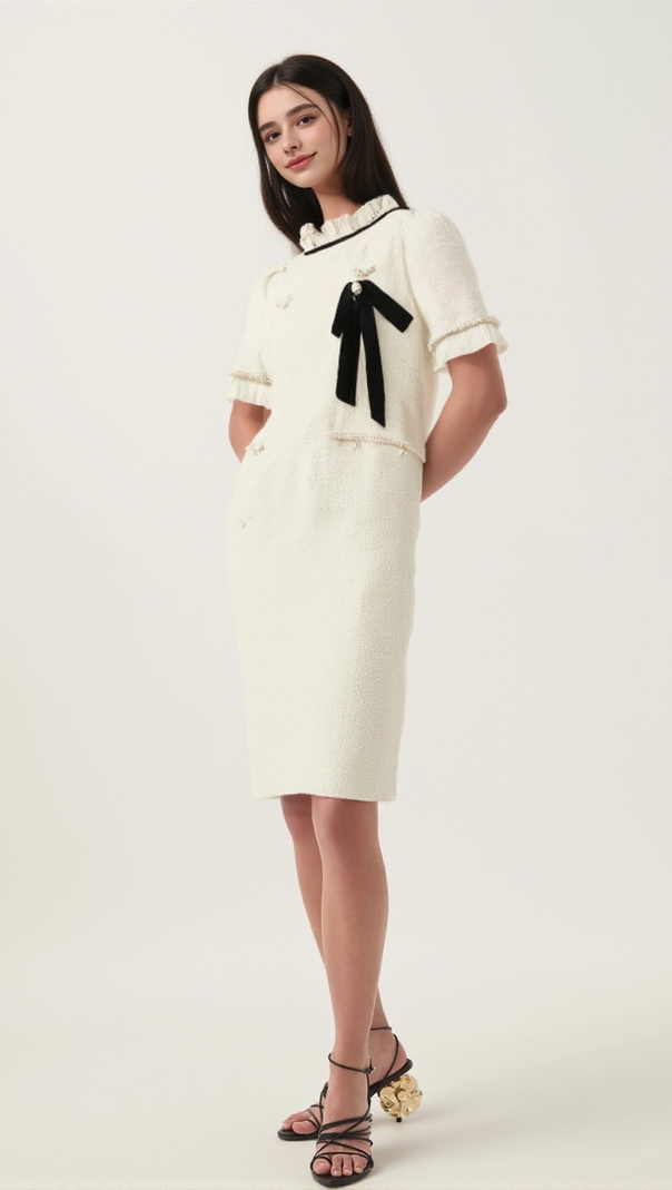 HÉLÈNE FAUX-PEARL FRILLED MIDI DRESS
