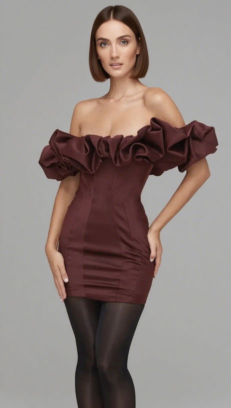 BURGUNDY SATIN RUFFLE STRAPLESS MINI DRESS