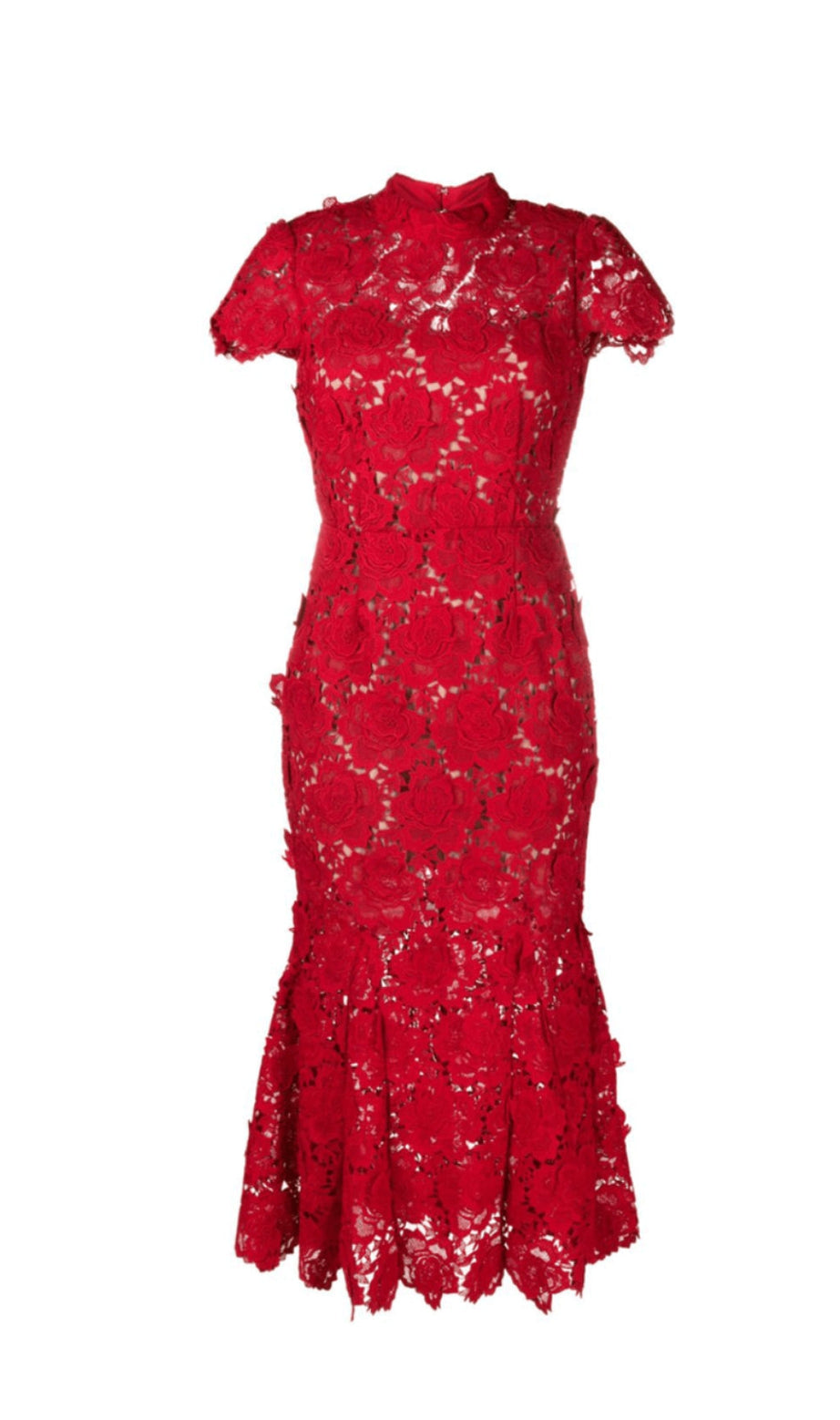 RED FLOWER LACE MIDI DRESS