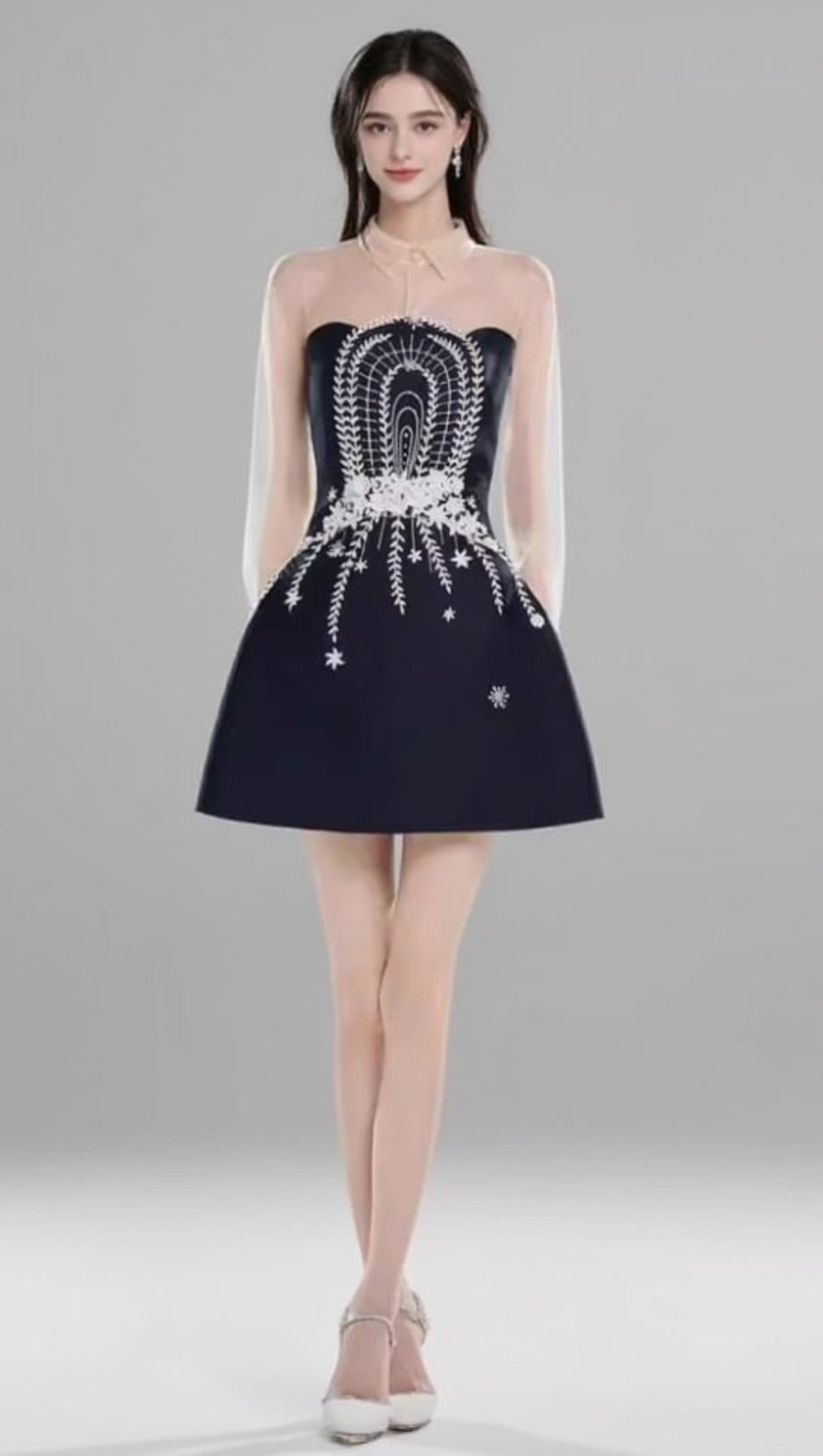 EMBROIDERED FLOWER LAPEL TULLE MINI DRESS IN DARK BLUE