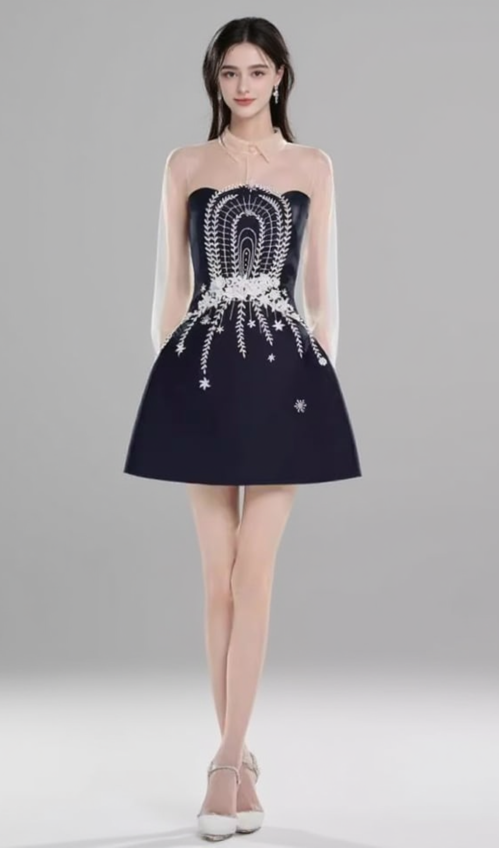 EMBROIDERED FLOWER LAPEL TULLE MINI DRESS IN DARK BLUE