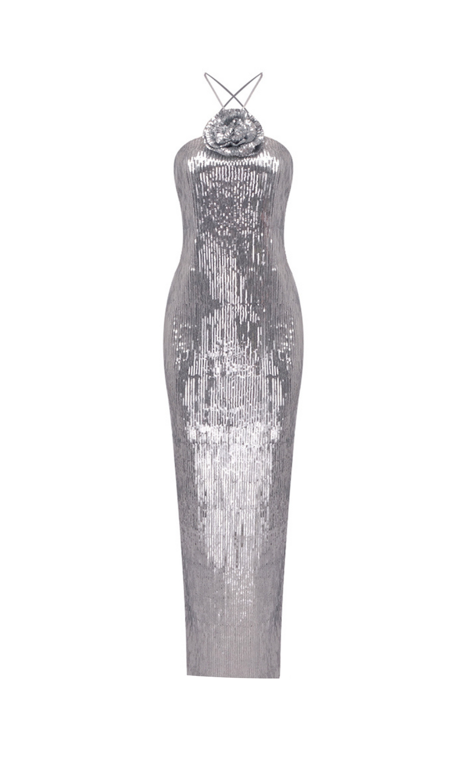 WINIFRED FLORAL-APPLIQUÉ SEQUIN MAXI DRESS SILVER