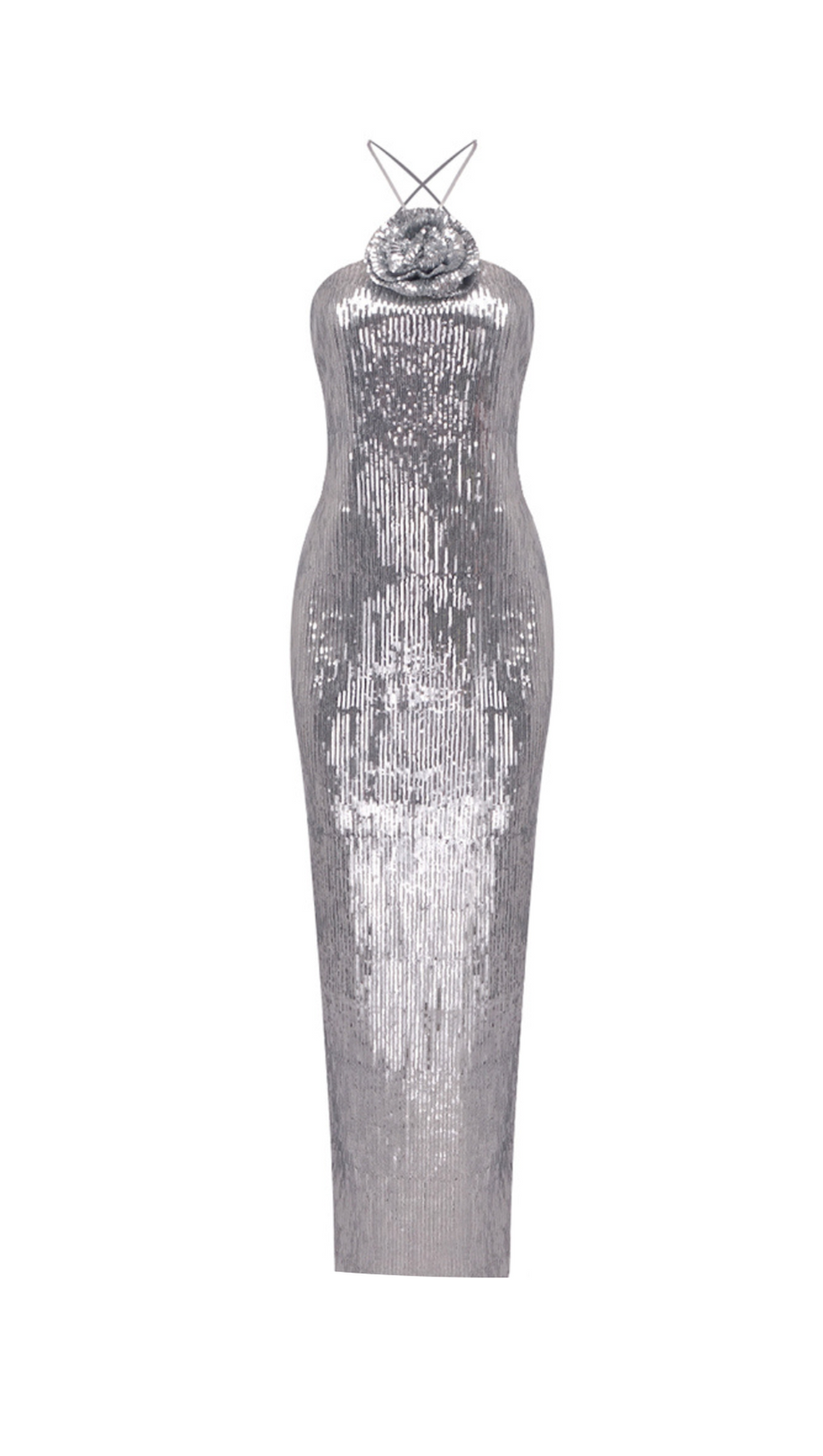 WINIFRED FLORAL-APPLIQUÉ SEQUIN MAXI DRESS SILVER