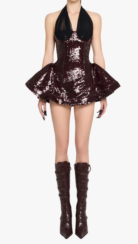 Giselle – Neckholder-Minikleid mit Pailletten in Merlot