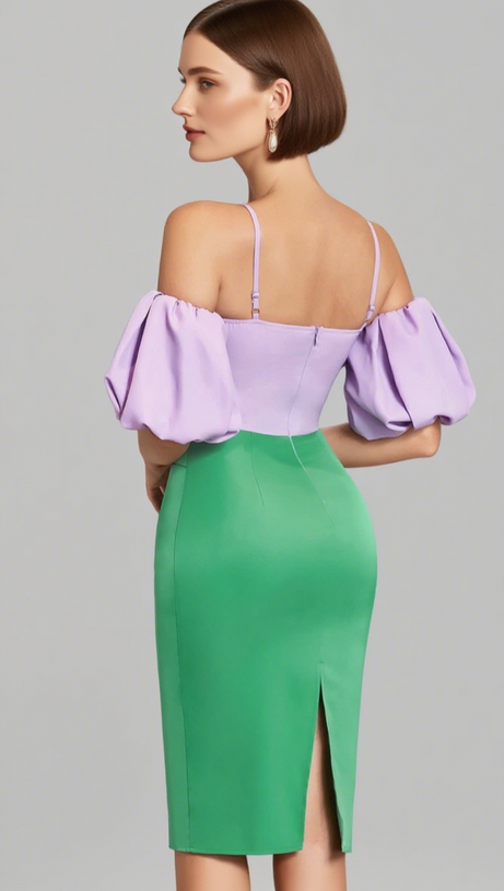 TWO - TONE PUFF - SLEEVE MIDI DRESS IN LAVENDER GREEN