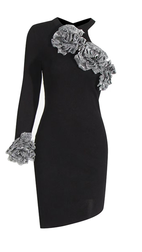AIIZIE CYANNE BLACK ONE SHOULDER FLOWER MINI DRESS - product image