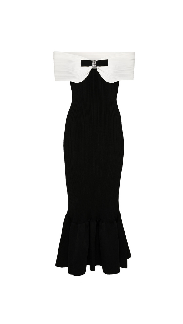 TRUDA SCHWARZES MIDIKLEID MIT STRICKSCHLEIFE UND OFF-SHOULDER-MUSTER