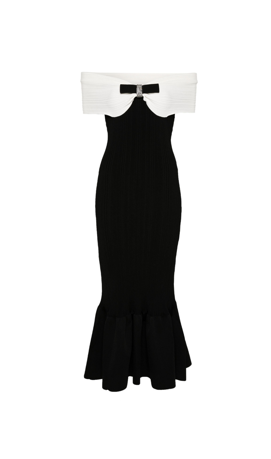 TRUDA BLACK KNIT BOW OFF-SHOULDER MIDI DRESS