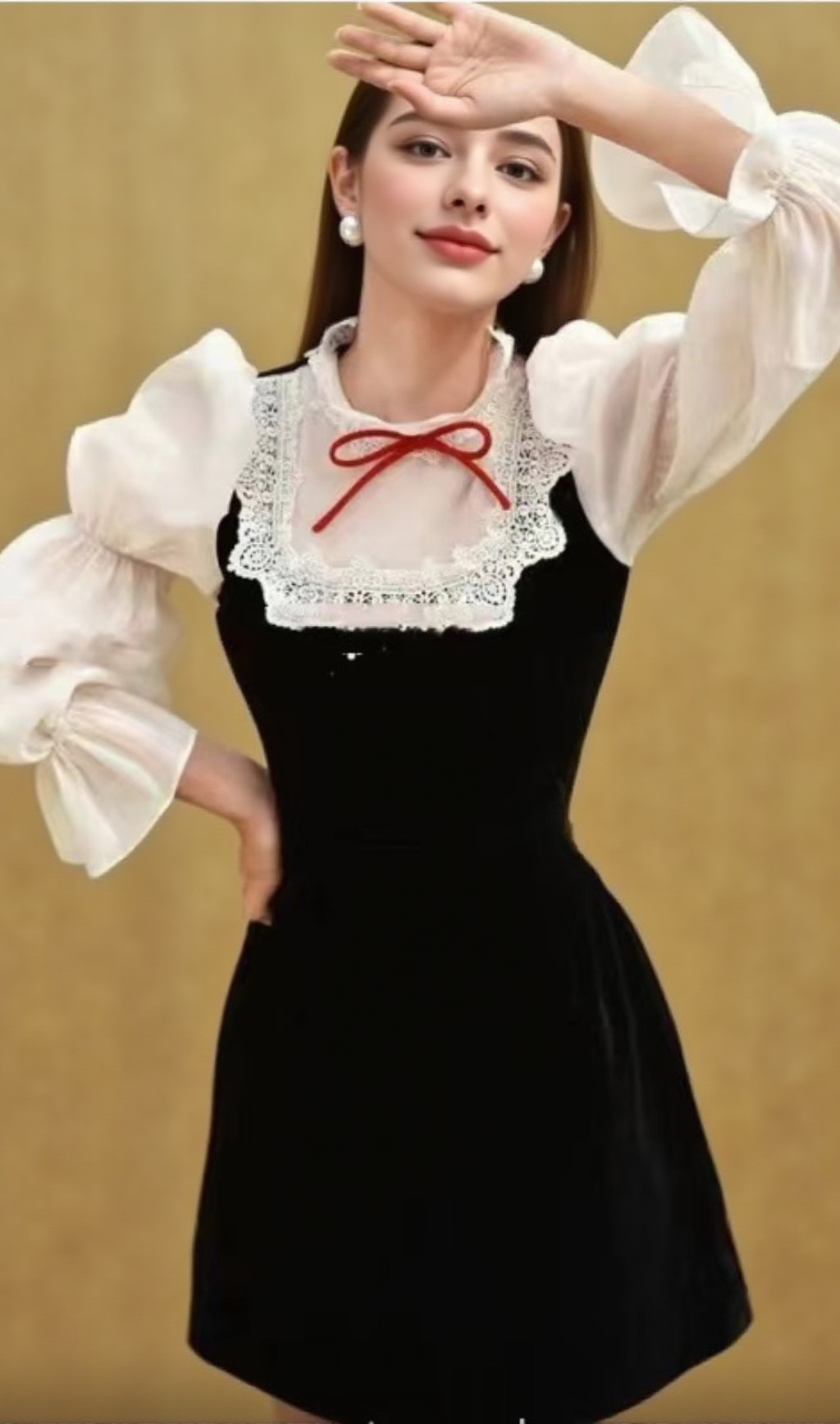 PUFF SLEEVE BOW CHIFFON MINI DRESS
