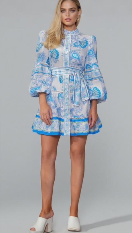 ABITO CORTO CON MANICHE A SBUFFO E STAMPA FLOREALE VICKY BLU