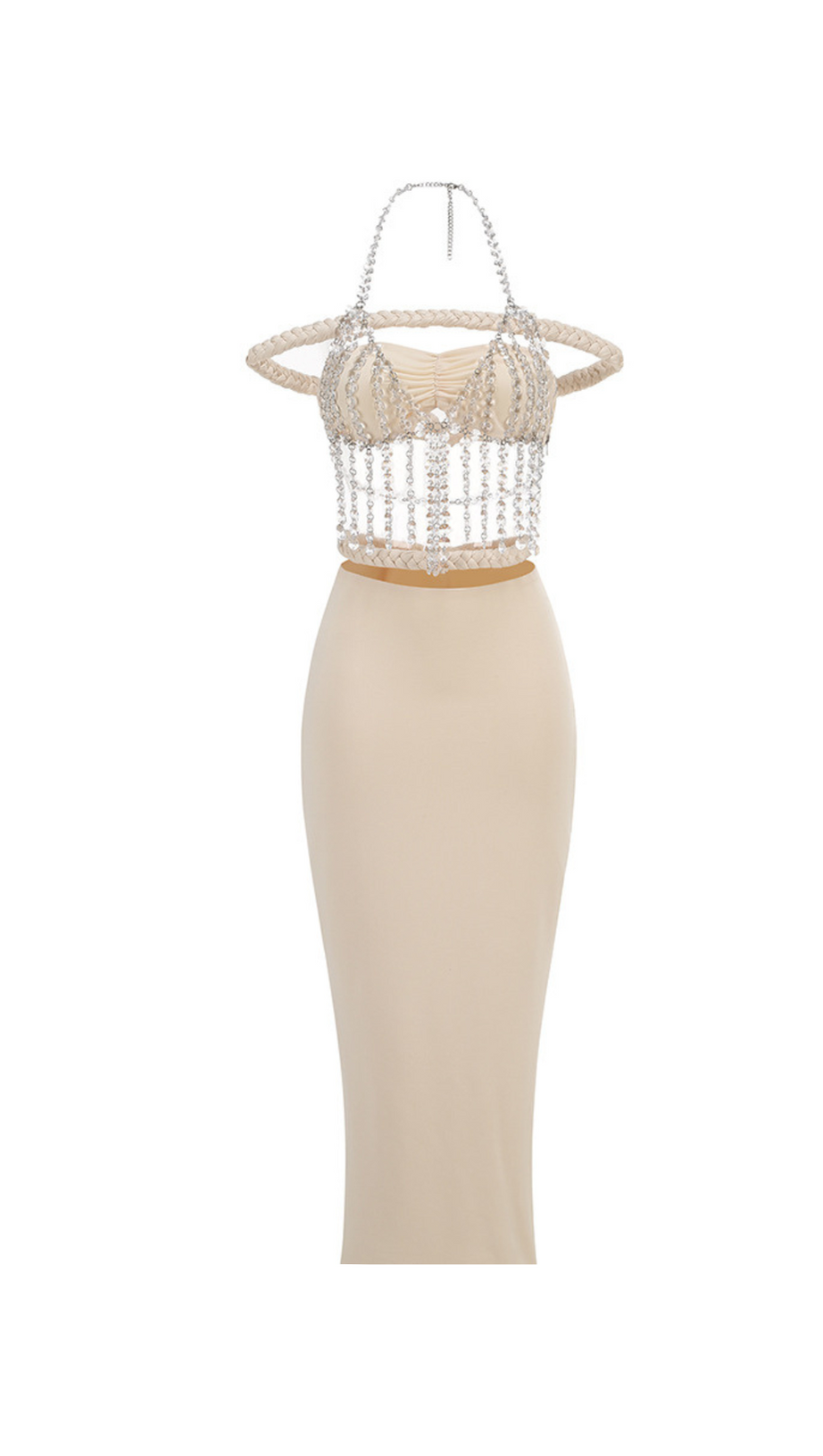 CRYSTAL CHAIN EMBELLISHED FISHTAIL SKIRT SET IN APRICOT