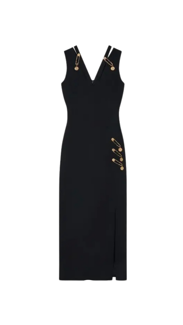 ABITO LUNGO NERO CON SCOLLO A V E SPILLE
