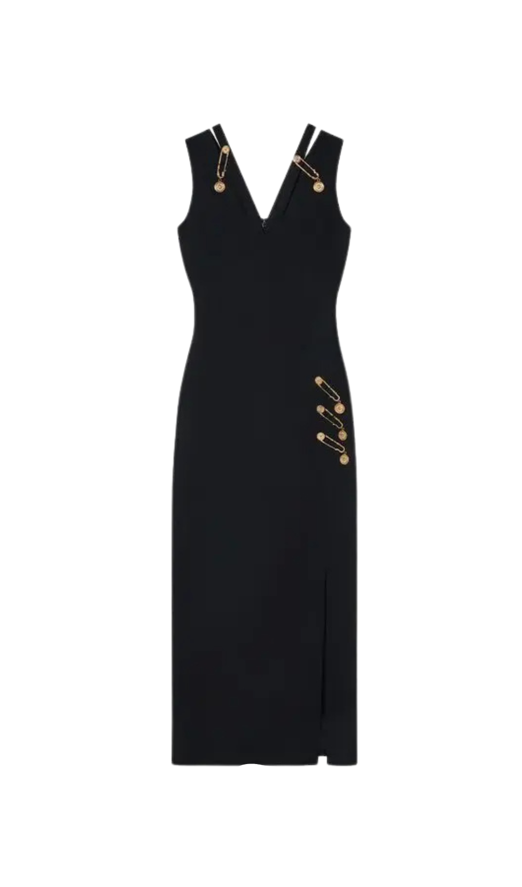 V-NECK PIN-EMBELLISHED MAXI DRESS IN BLACK