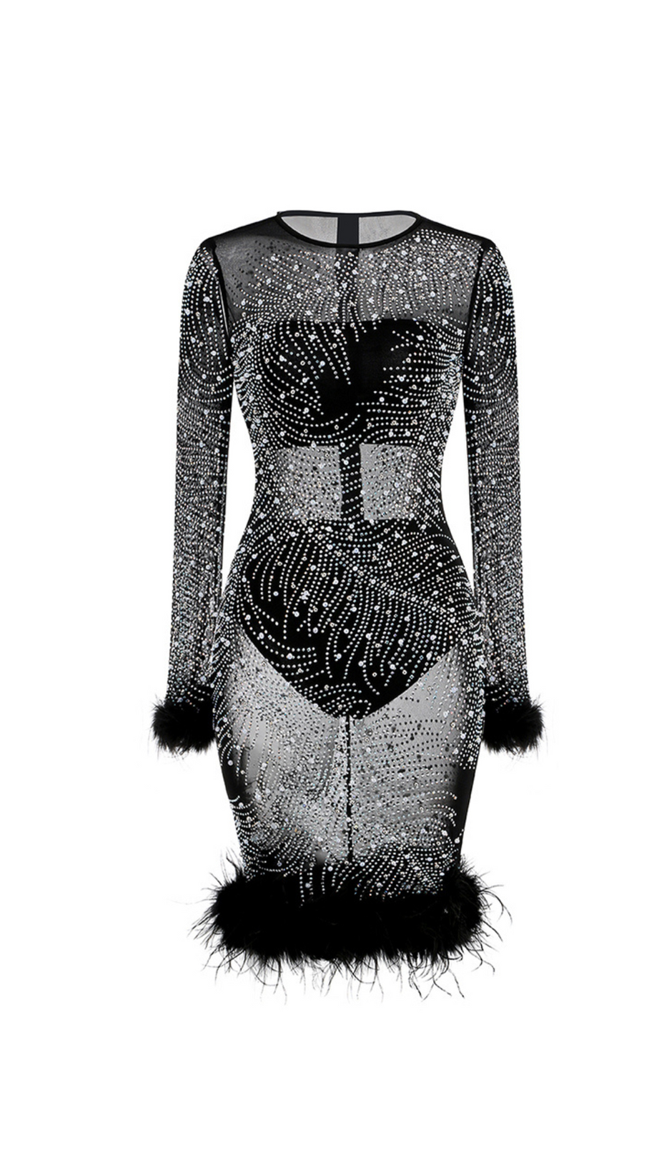 AMANDA RHINESTONE EMBELLISHED FEATHER TRIM BLACK MIDI DRESS