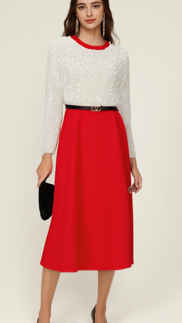 AIIZIE CHLOÉ RED LONG-SLEEVE SEQUINED PATCHWORK MIDI DRESS - product image