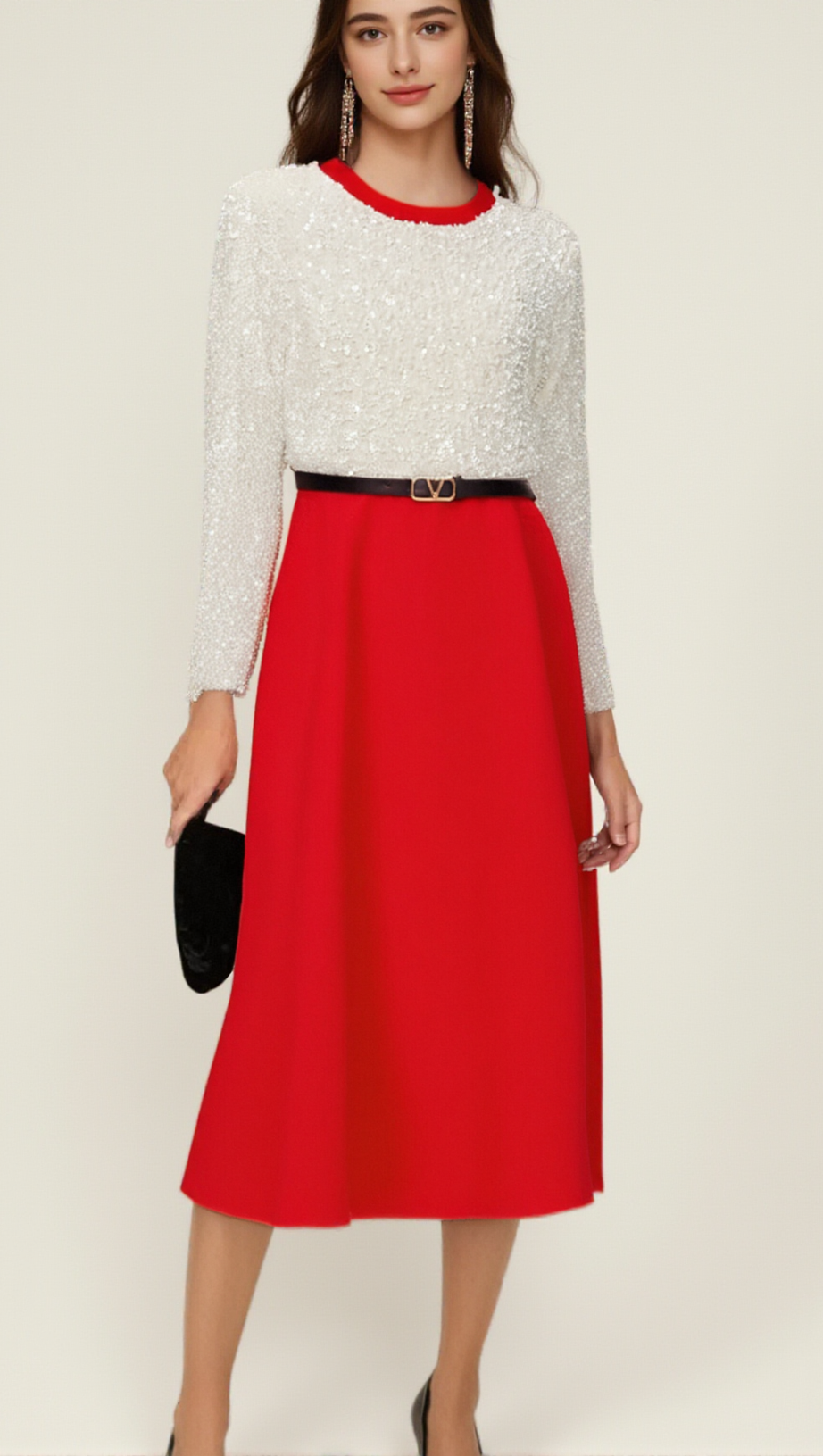 CHLOÉ RED LONG-SLEEVE SEQUINED PATCHWORK MIDI DRESS