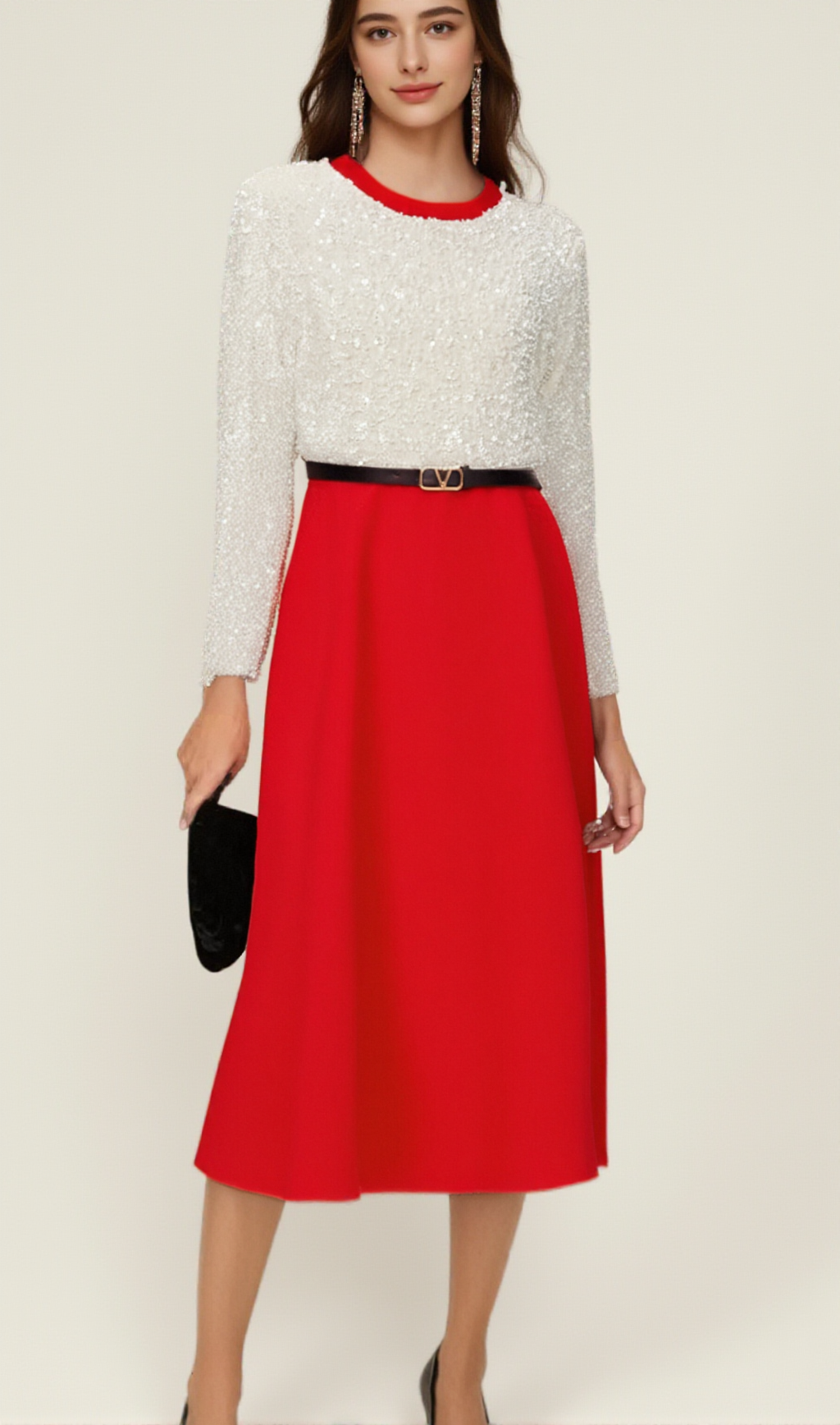 CHLOÉ RED LONG-SLEEVE SEQUINED PATCHWORK MIDI DRESS