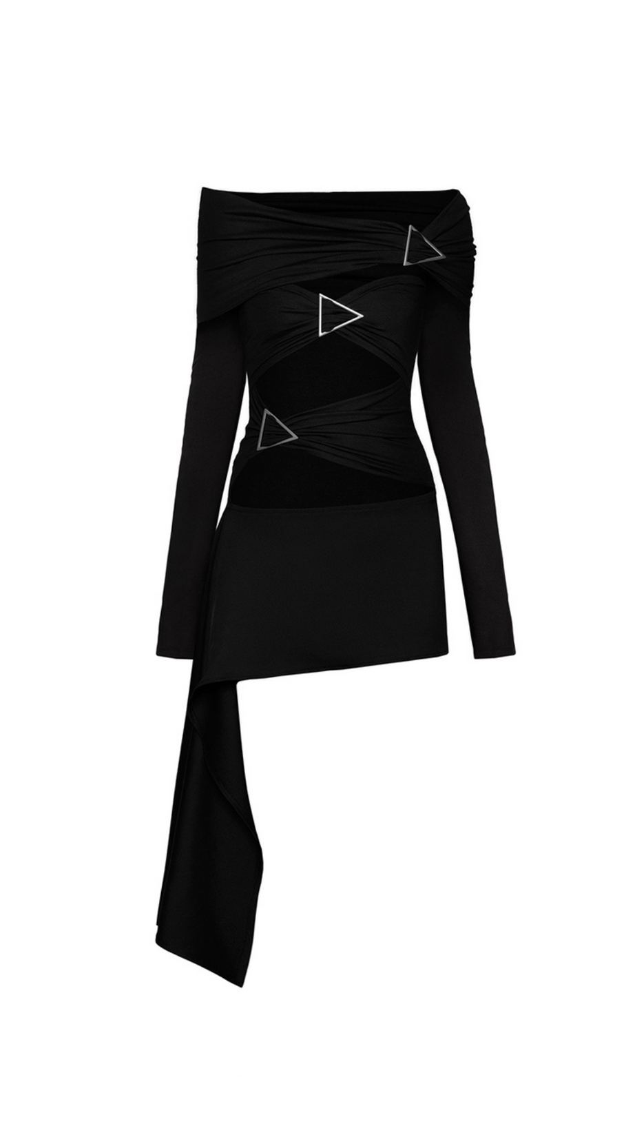 SARAH BLACK ARROW EMBELLISHED OFF-SHOULDER BANDAGE MINI DRESS