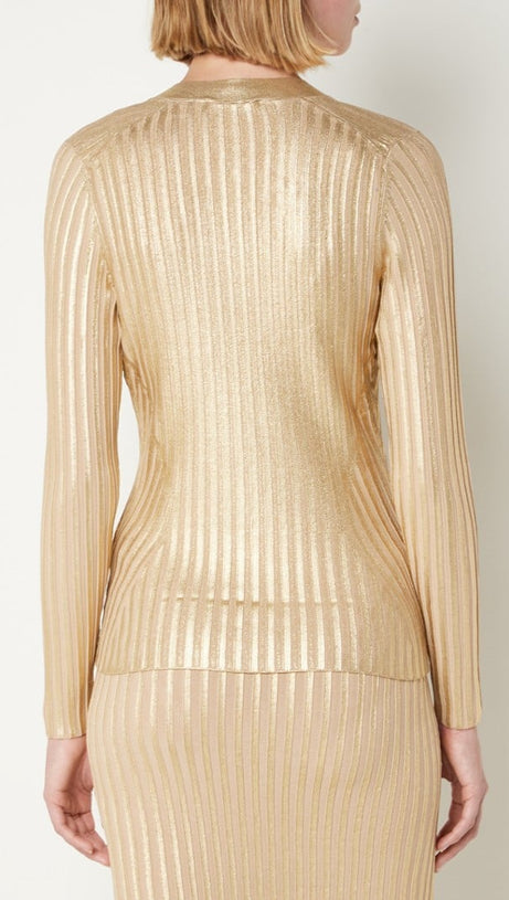 Gerti – Figurbetontes Midikleid mit Folienrippenmuster in Gold