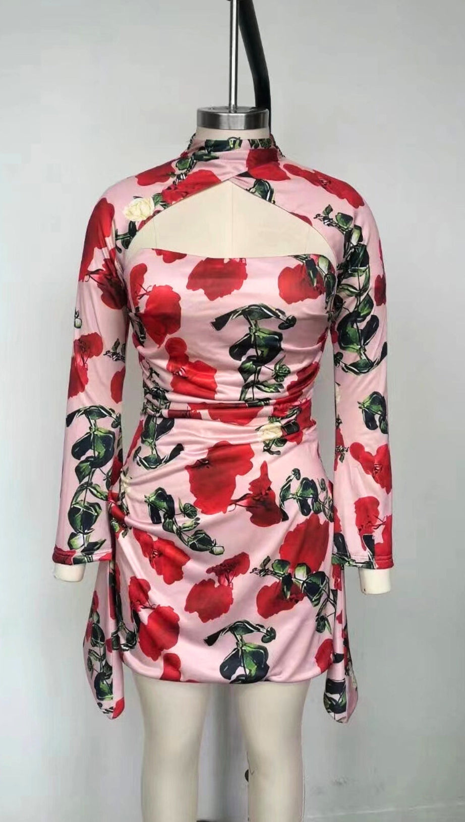 ROSE PRINT CUTOUT DRAPED MINI DRESS
