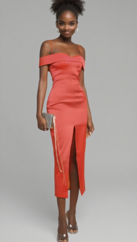 SPAGHETTI - STRAP OFF - SHOULDER SLIT MIDI DRESS IN RED