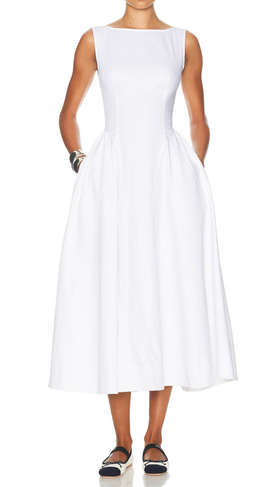 STRETCH COTTON SATEEN MIDI DRESS IN WHITE