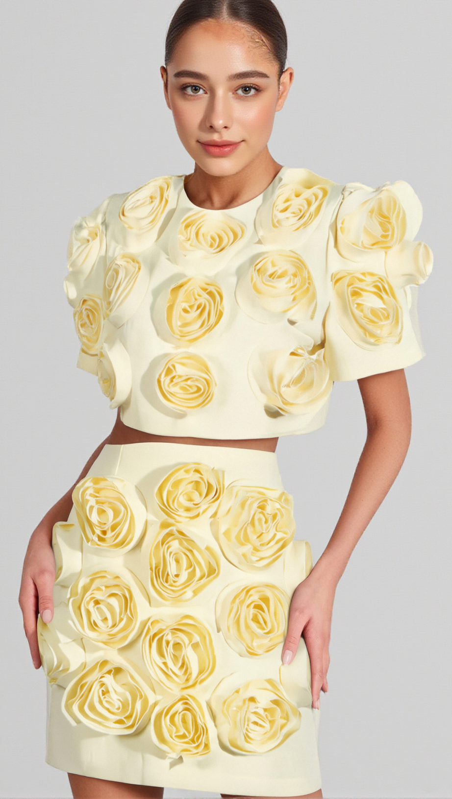 3D FLOWER BUBBLE SLEEVE TOP SKIRT SUIT IN YELLOW