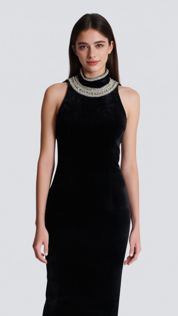 AIIZIE EMBROIDERED VELVET HALTERNECK MAXI DRESS IN BLACK - product image
