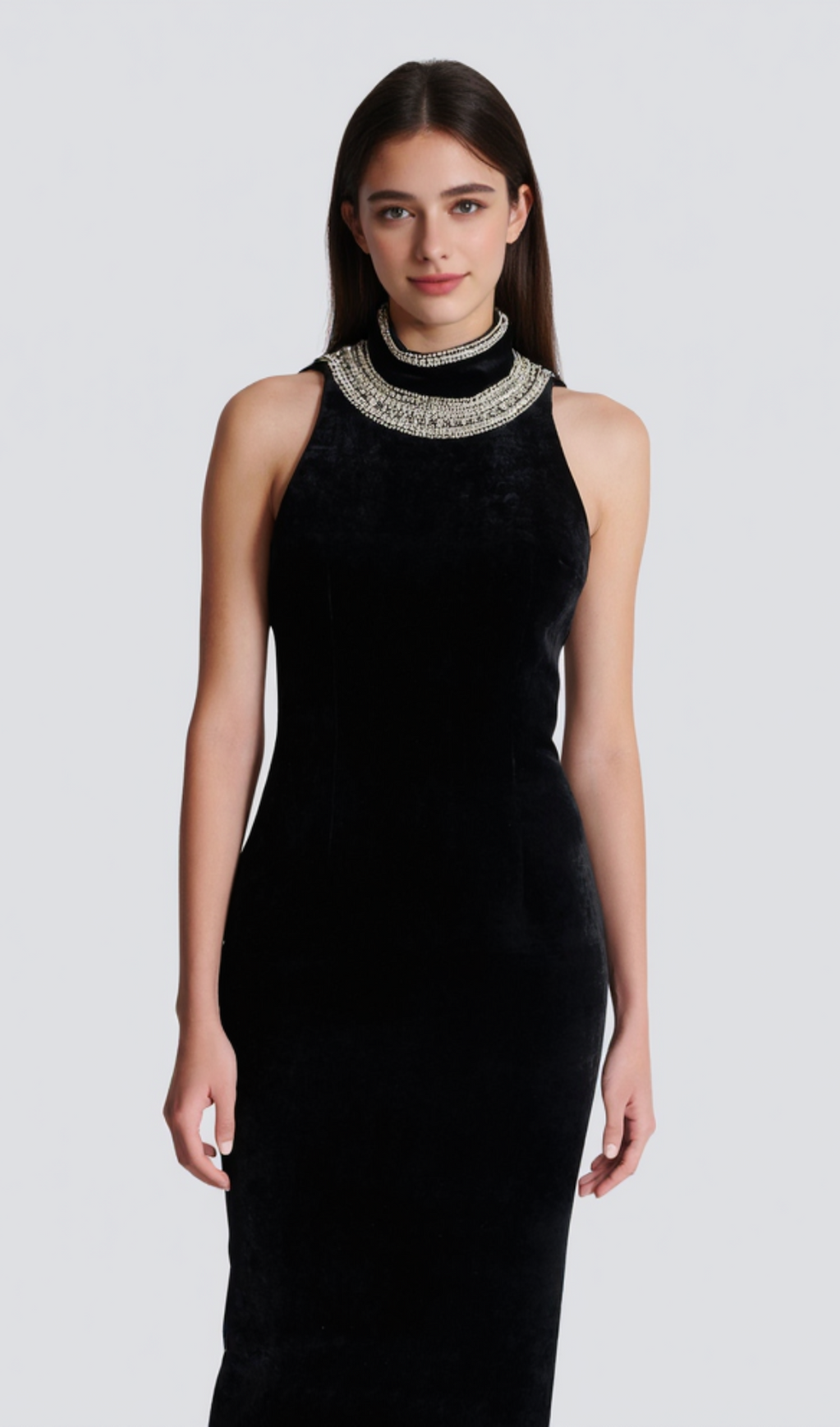 EMBROIDERED VELVET HALTERNECK MAXI DRESS IN BLACK