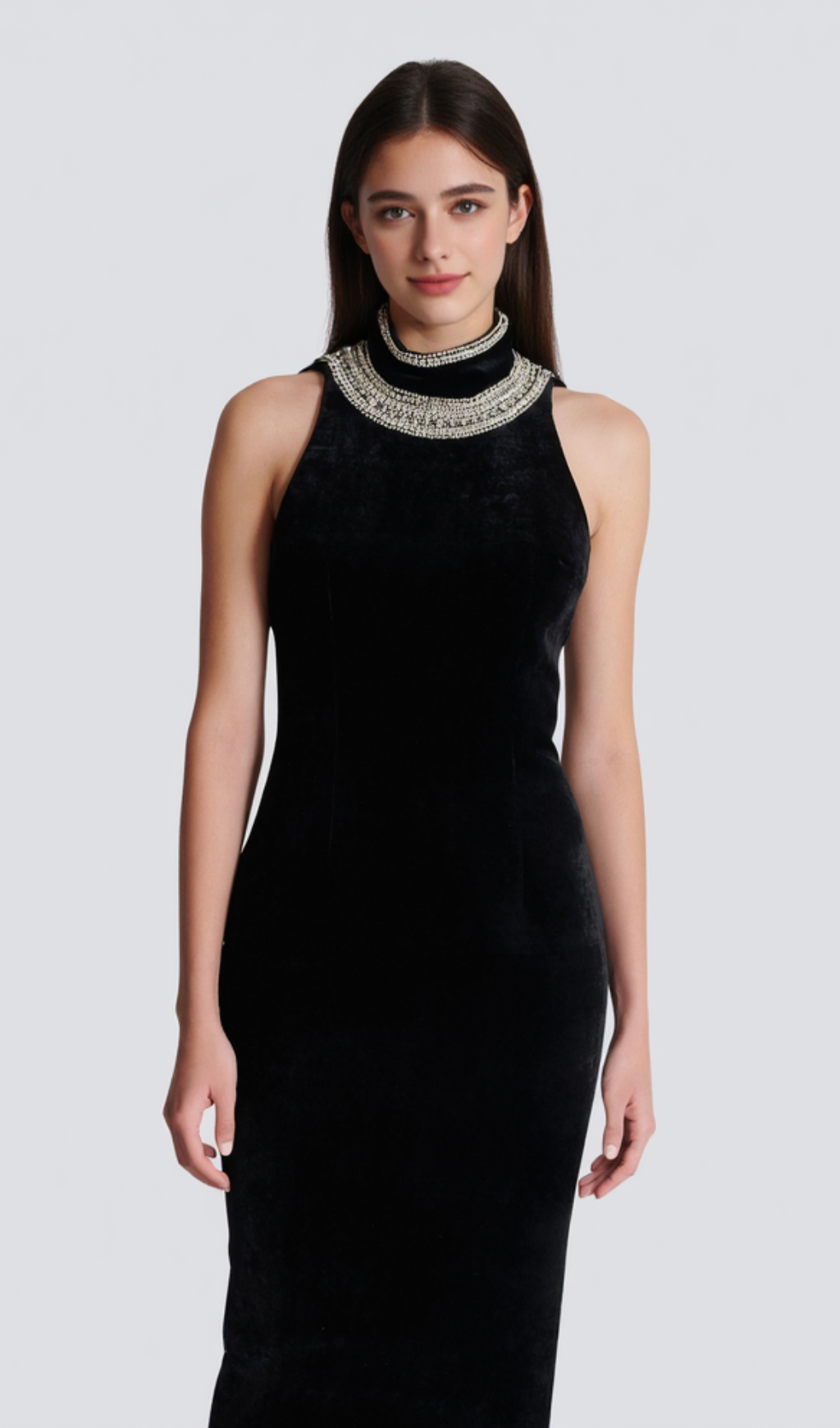 EMBROIDERED VELVET HALTERNECK MAXI DRESS IN BLACK