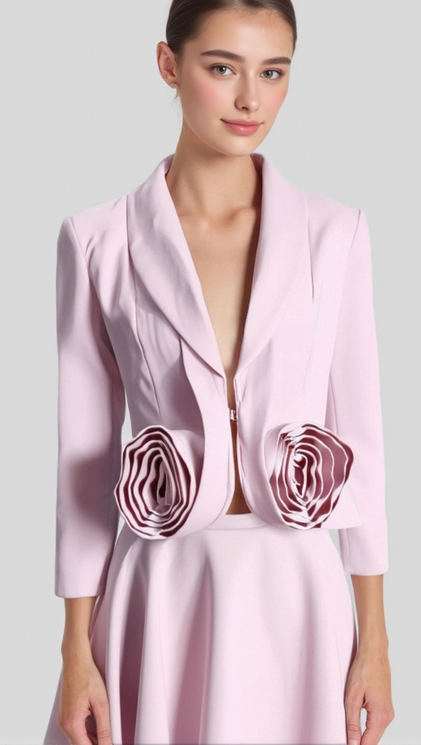 AIIZIE CAROL PINK 3D FLORAL BLAZER ＆ HIGH WAIST MIDI SKIRT SET - product image
