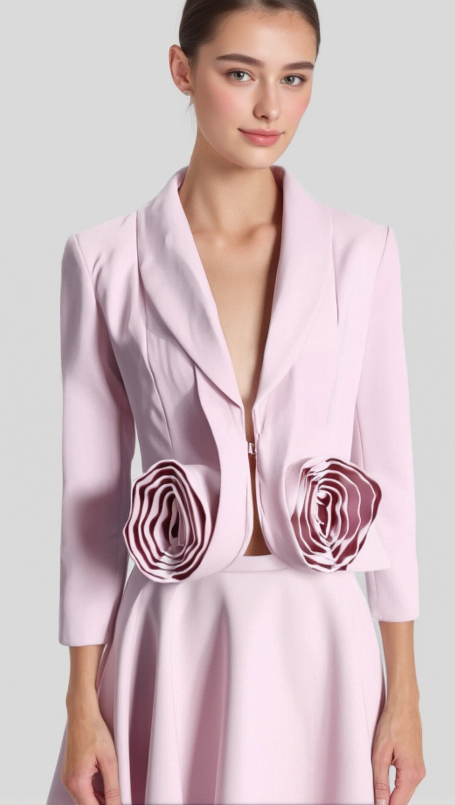 CAROL PINK 3D FLORAL BLAZER ＆ HIGH WAIST MIDI SKIRT SET