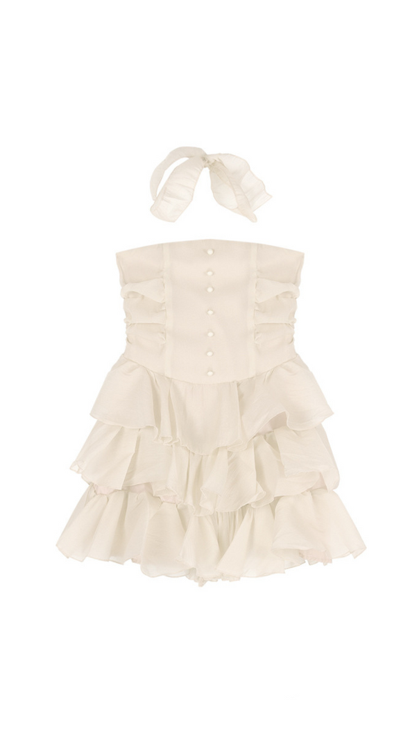 AIIZIE JANICE STRAPLESS RUFFLE MINI CHIFFON DRESS IN BEIGE - product image
