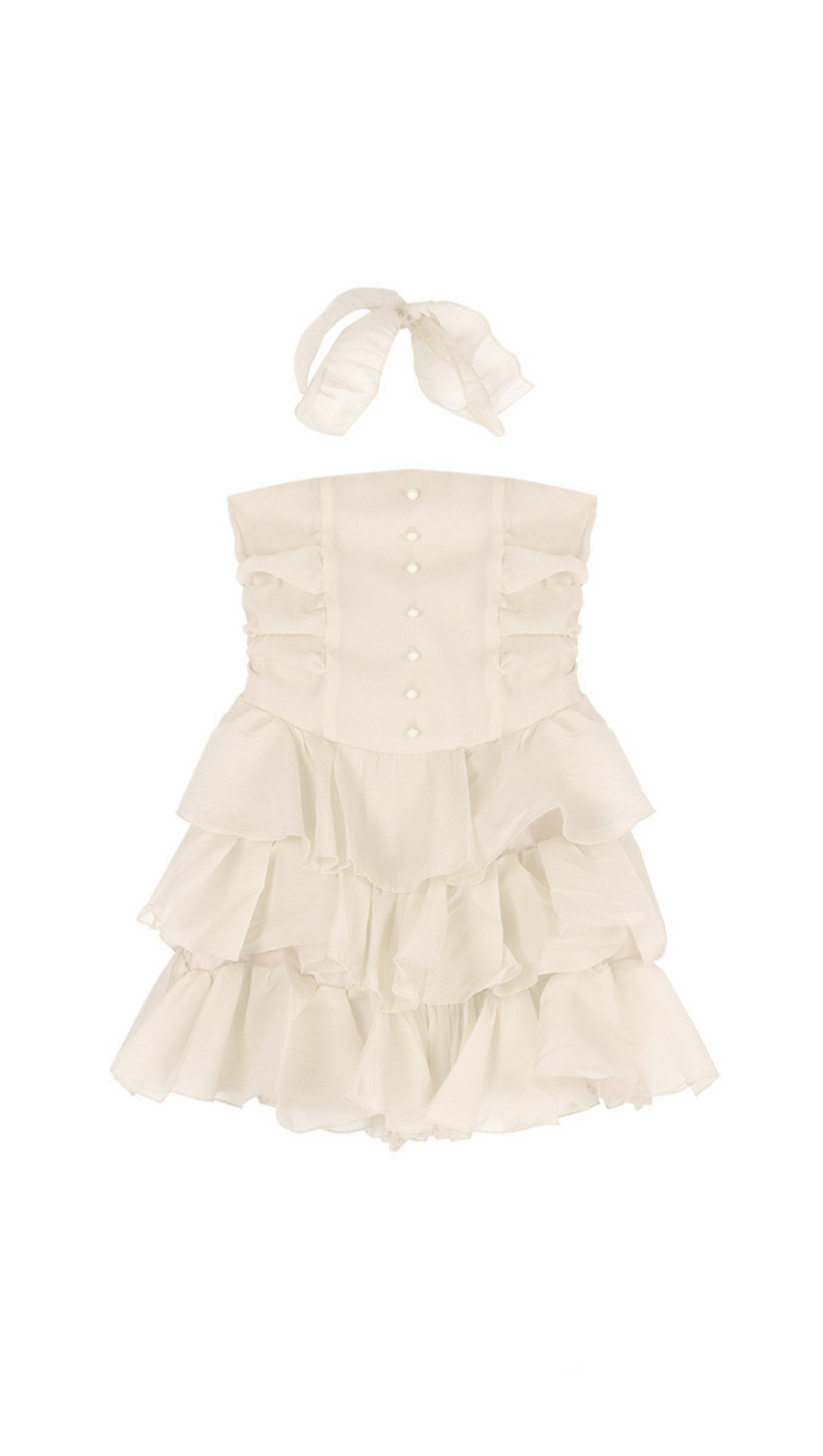 TRÄGERLOSES MINI-CHIFFONKLEID „JANICE“ MIT RÜSCHEN IN BEIGE