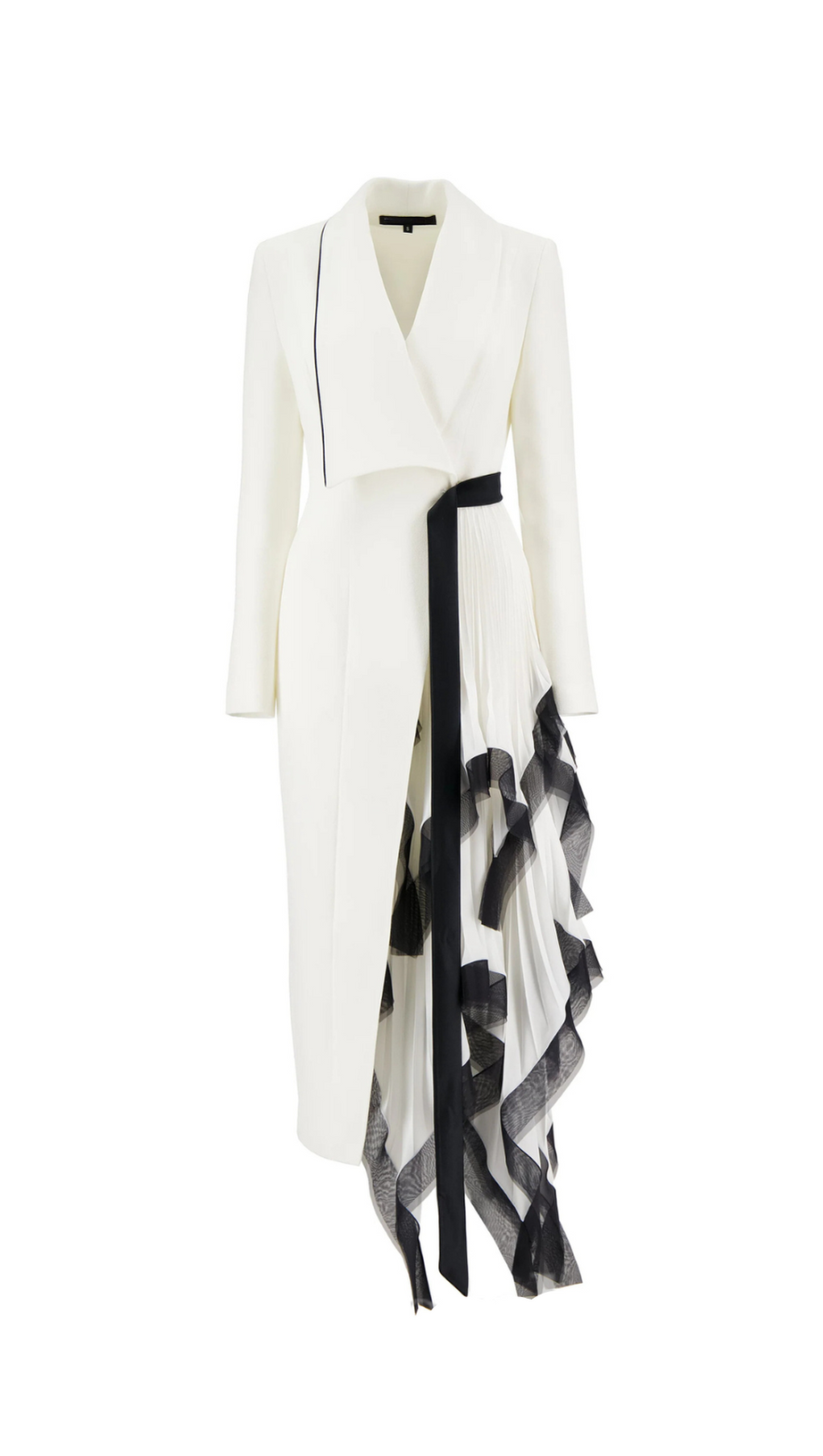 ASYMMETRIC PLEATED RUFFLE TRIM BLAZER DRESS IN WHITE