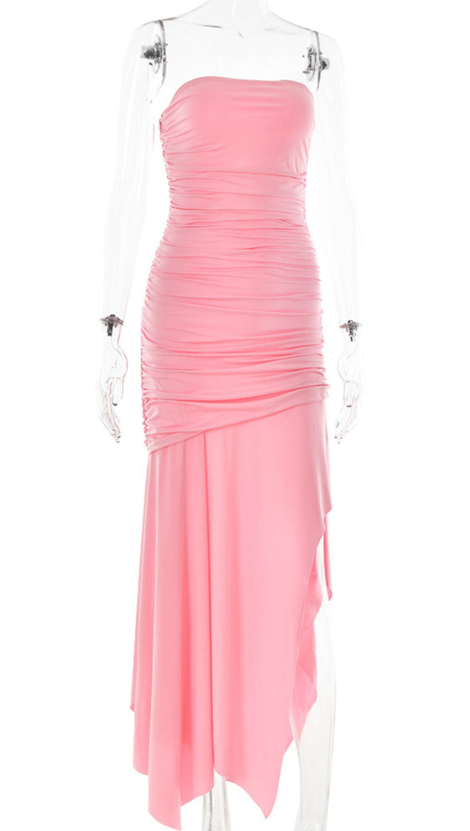 STRAPLESS RUCHED FISHTAIL SLIT DRESS