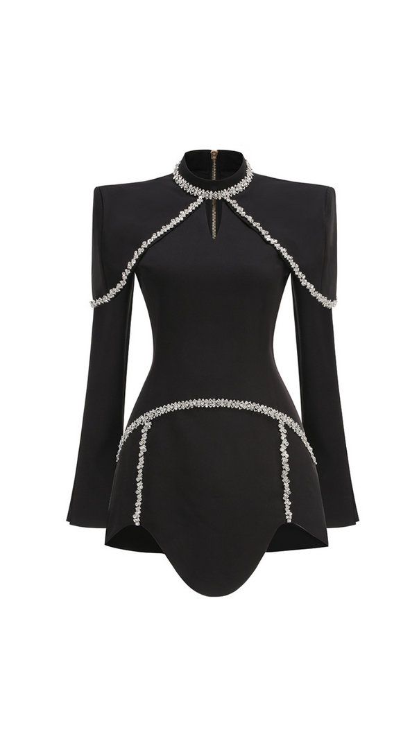 AIIZIE DIAMOND CHAIN EMBELLISHED TRUMPET SLEEVE MINI DRESS IN BLACK - product image