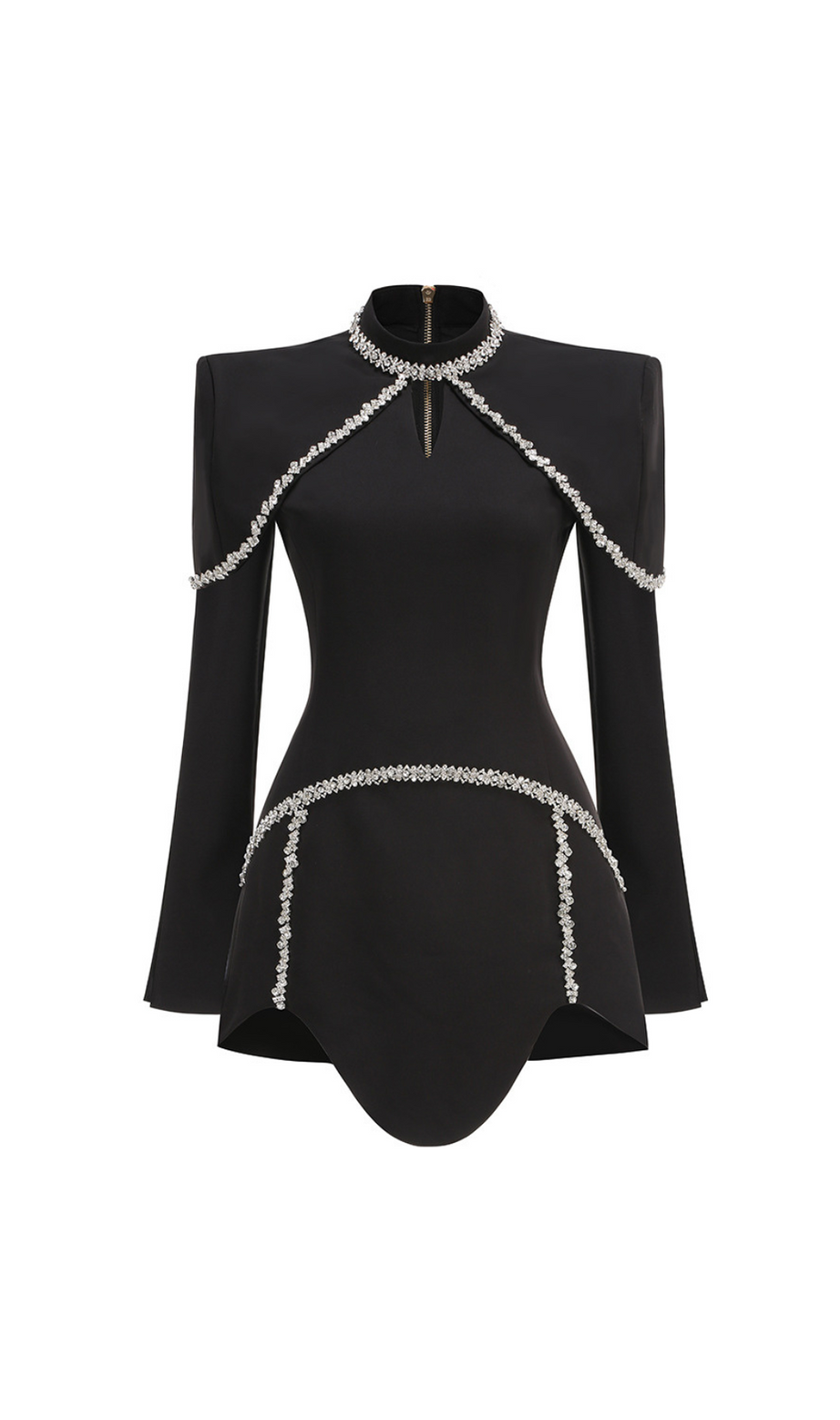 diamond chain embellished trumpet sleeve mini dress in black
