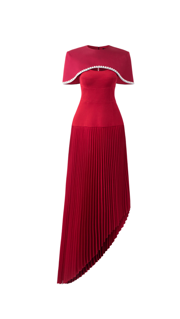 AIIZIE SPAGHETTI STRAP ASYMMETRIC PLEATED MIDI DRESS IN RED - product image