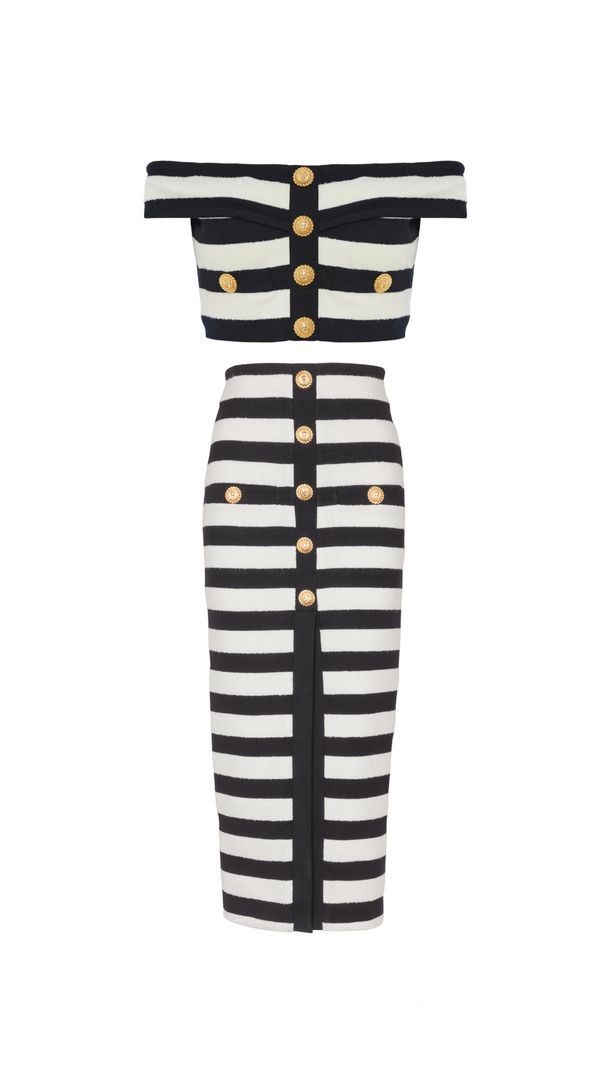 AIIZIE TWO-TONE EMBELLISHED KNITTED CROPPED TOP SKIRT SET - product image