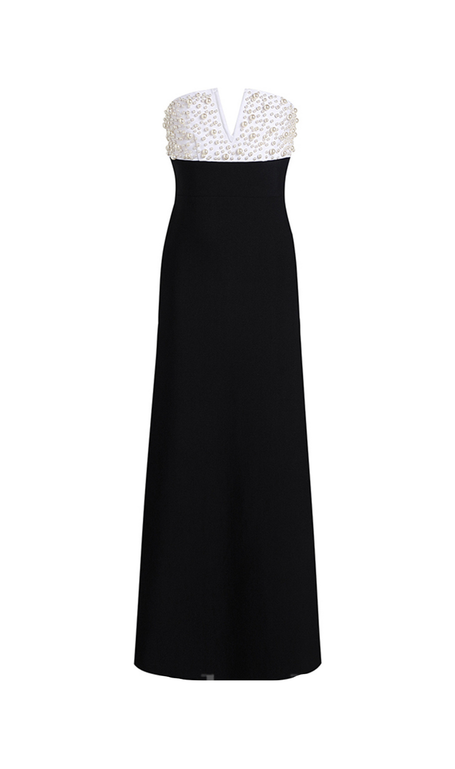 STRAPLESS PEARL EMBELLISHED STRETCH BODYCON DRESS IN BLACK