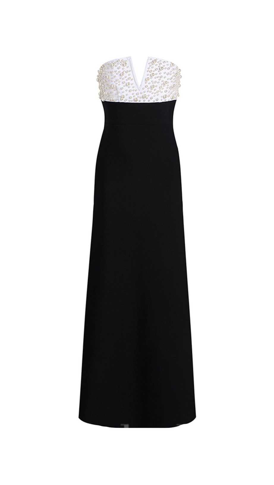 STRAPLESS PEARL EMBELLISHED STRETCH BODYCON DRESS IN BLACK